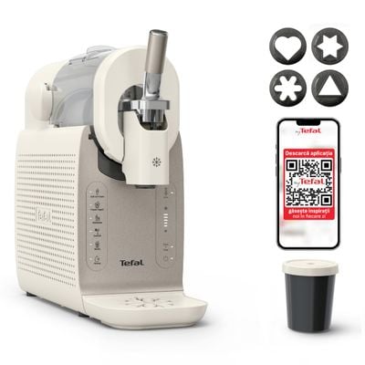 Aparat de inghetata Tefal Freezi IG803AE0, 200 W, 2 L, 5 programe automate, 16 preparate presetate, tehnologie Ultra Quiet, pentru inghetata soft, slushi, sorbet si cocktailuri, set forme inghetata inclus, crem