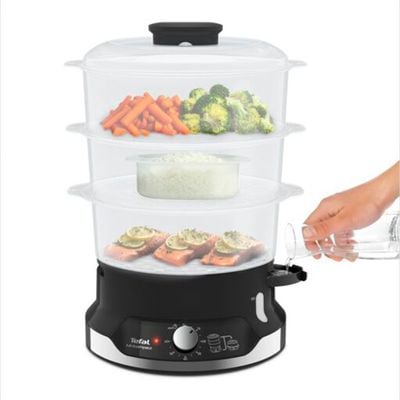 Aparat de gătit cu aburi Tefal Ultracompact Steam Cooker VC204810, 3 vase, cronometru manual, 1 accesoriu, 9 L, negru