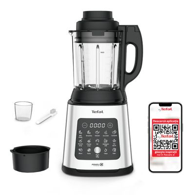 Blender Tefal PerfectMix Cook BL83SD30, 1400W, capacitate 1.75L, viteză variabilă, 10 programe pentru rețete calde și reci, funcție de gătire la aburi, funcție de marunțire a gheții, lame detașabile Powelix, argintiu & negru