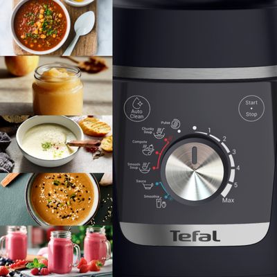 Blender Tefal Blendforce Cook BL5768F0, 1000 W, 1.75 L, 6 programe, tehnologie Powelix, functie de gatire, 6 lame inox, negru