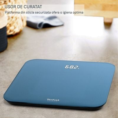 Cântar de baie Tefal Classic PP1905V0, 180 KG, gradații la 100 g, 31 x 31 cm, sticlă, albastru