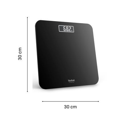 Cântar de baie Tefal Premiss PP1800V0, 160 kg, gradații la 100 g, 30 x 30 cm, sticlă, baterii incluse, negru