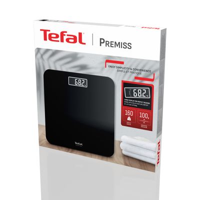 Cântar de baie Tefal Premiss PP1800V0, 160 kg, gradații la 100 g, 30 x 30 cm, sticlă, baterii incluse, negru