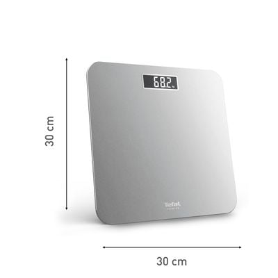 Cântar de baie Tefal Premiss PP1801V0, 160 kg, gradații la 100 g, 30 x 30 cm, sticlă, baterii incluse, argintiu