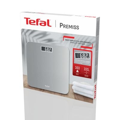 Cântar de baie Tefal Premiss PP1801V0, 160 kg, gradații la 100 g, 30 x 30 cm, sticlă, baterii incluse, argintiu