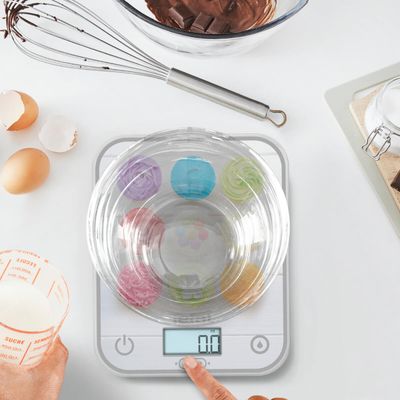 Cantar de bucatarie Tefal Optiss BC50D4V0, capacitate 5 kg, optiune tara, carlig de agatare retractabil, decor briose