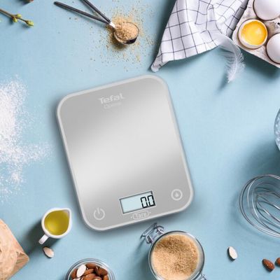 Cantar de bucătărie Tefal Optiss BC50U4V0, 5 kg, sticlă securizată, funcție Tara, cantarire a lichidelor, precizie 0.5g, afisaj LCD, cârlig de agățat, gri