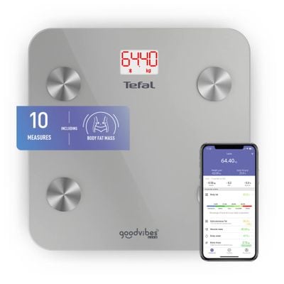 Cântar inteligent Tefal Goodvibes Life BM9600S1, 10 indicatori de măsurare, aplicație dedicată, greutate maximă 160 kg, sticlă tratată termic, argintiu