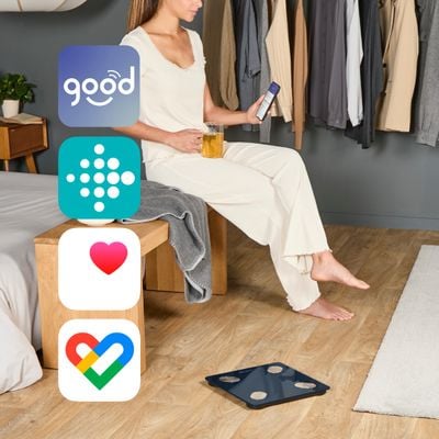 Cantar inteligent Tefal Goodvibes Life+ BM9720F0, greutate maxima 180 kg, 15 indicatori de masurare, sincronizare cu aplicatia Google Fit, Apple Health si/sau Fitbit, sticla securizata tratata termic, ecran LCD, 3 baterii incluse, albastru