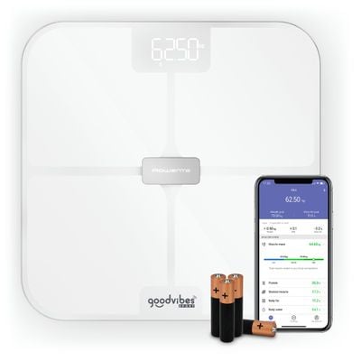 Cantar inteligent Tefal Goodvibes Sport BM9740F0, greutate maxima 200 kg, 17 indicatori de masurare, sincronizare cu aplicatia Google Fit, Apple Health si/sau Fitbit, sticla securizata tratata termic, ecran LCD, 4 baterii incluse, alb
