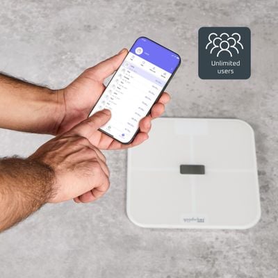Cantar inteligent Tefal Goodvibes Sport BM9740F0, greutate maxima 200 kg, 17 indicatori de masurare, sincronizare cu aplicatia Google Fit, Apple Health si/sau Fitbit, sticla securizata tratata termic, ecran LCD, 4 baterii incluse, alb