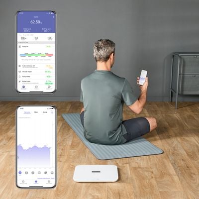 Cantar inteligent Tefal Goodvibes Sport BM9740F0, greutate maxima 200 kg, 17 indicatori de masurare, sincronizare cu aplicatia Google Fit, Apple Health si/sau Fitbit, sticla securizata tratata termic, ecran LCD, 4 baterii incluse, alb