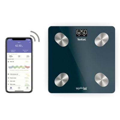 Cantar inteligent Tefal Goodvibes Life+ BM9620S1, 10 indicatori de masurare, greutate max180KG, conectivitate IOS/Android, sticla tratata termic, albastru