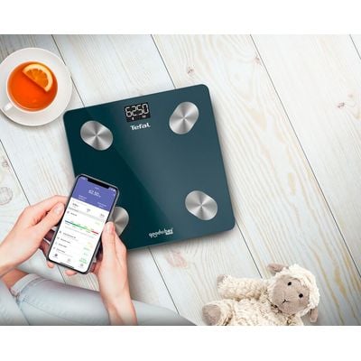 Cantar inteligent Tefal Goodvibes Life+ BM9620S1, 10 indicatori de masurare, greutate max180KG, conectivitate IOS/Android, sticla tratata termic, albastru
