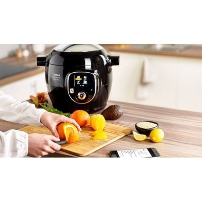 Multicooker inteligent Tefal Cook4Me+ Connect CY855830, aparat de gatit sub presiune cu conexiune bluethooth, vas cu înveliș ceramic antiaderent 6L, aplicație dedicată, 6 moduri de gătire, instrucțiuni pas cu pas, 150 de retete, negru