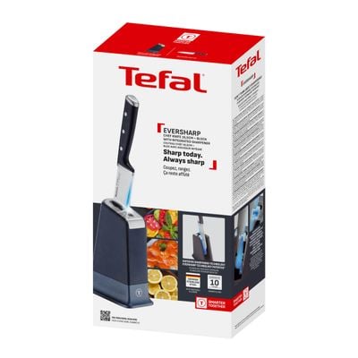 Cuțitul bucătarului & suport Tefal EverSharp Pro K297S244, inox german, mâner ergonomic, sistem de ascuțire integrat, negru & argintiu