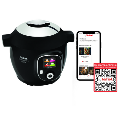 Multicooker inteligent Tefal Cook4Me+ Connect CY855830, aparat de gatit sub presiune cu conexiune bluethooth, vas cu înveliș ceramic antiaderent 6L, aplicație dedicată, 6 moduri de gătire, instrucțiuni pas cu pas, 150 de retete, negru