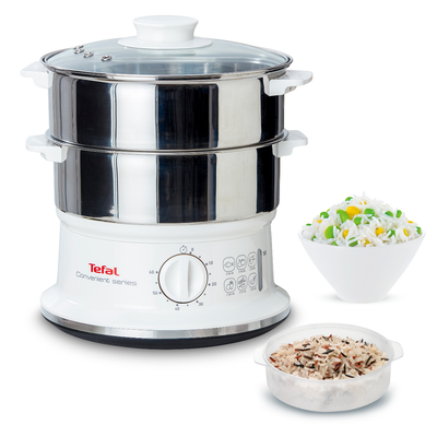 Aparat de gătit cu aburi Tefal Convenient Series VC145130, 2 vase, cronometru mecanic, 2 accesorii, 6 L, inox, alb