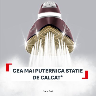 Statie de calcat de inalta presiune Tefal Pro Express Vision Max GV9921E0, 3000 W, 8.8 bari, abur variabil 0 - 215 g/min, jet de abur pana la 850 g/min, rezervor apa 1.2L, talpa Durilium Airglide Autoclean, abur vertical, iluminare LED, visiniu & alb