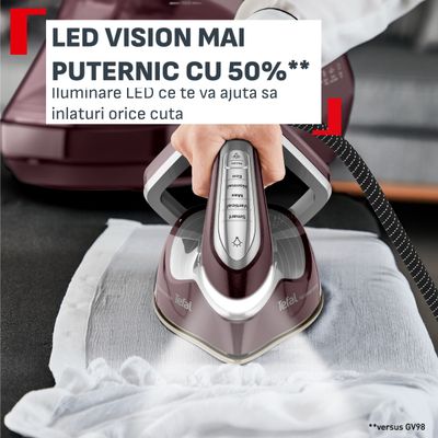 Statie de calcat de inalta presiune Tefal Pro Express Vision Max GV9921E0, 3000 W, 8.8 bari, abur variabil 0 - 215 g/min, jet de abur pana la 850 g/min, rezervor apa 1.2L, talpa Durilium Airglide Autoclean, abur vertical, iluminare LED, visiniu & alb