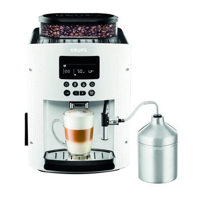 Espressor automat Krups Espresseria EA816170, 1450W, 15 bari, 3 trepte de temperatură, rezervor boabe 260g, rezervor apă detașabil 1.7L, duză cappuccino, recipient lapte inclus, alb