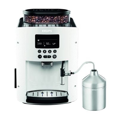 Espressor automat Krups Espresseria EA816170, 1450W, 15 bari, 3 trepte de temperatură, rezervor boabe 260g, rezervor apă detașabil 1.7L, duză cappuccino, recipient lapte inclus, alb