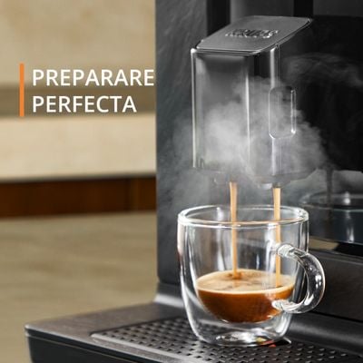 Espressor automat Krups Evidence Eco Design EA8968E0, 1450W, 15 bari, 5 retete, 5 trepte rasnita, rezervor cafea 260g, rezervor apa detasabil 2.3L, 3 trepte de temperatura, oprire automata, negru