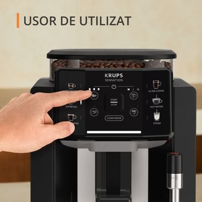 Espressor automat Krups Sensation EA910B10, 1450W, 15 bari, 5 rețete, ecran tactil, rezervor cafea 260g, duză de abur, Sistem Thermoblock Compact, negru & violet