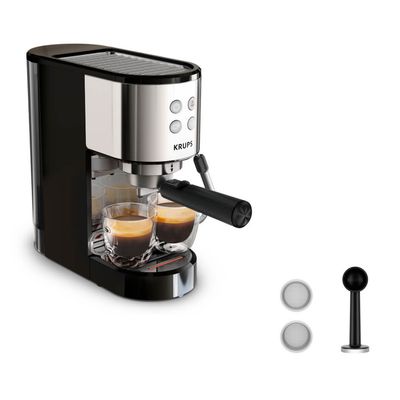 Espressor manual  KRUPS Virtuoso Essential XP441810, sistem ThermoBlock, rezervor apa de 1 L, design compact, presiune de 15 bari, negru & argintiu