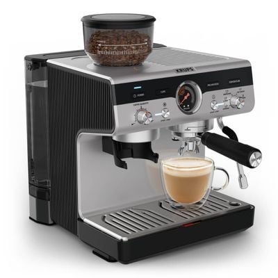 Espressor manual cu rasnita Krups Precision XP801T10, 15 bari, rezervor apa 3.5 L, 30 trepte de rasnire, 3 trepte temperatura, 3 trepte pre-infuzare, duza cappuccino & apa fierbinte, sistem Thermoblock, accesorii tip barista incluse, negru & argintiu