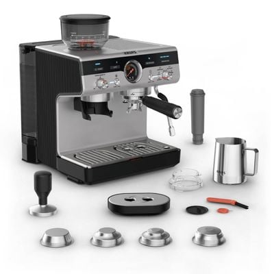 Espressor manual cu rasnita Krups Precision XP801T10, 15 bari, rezervor apa 3.5 L, 30 trepte de rasnire, 3 trepte temperatura, 3 trepte pre-infuzare, duza cappuccino & apa fierbinte, sistem Thermoblock, accesorii tip barista incluse, negru & argintiu