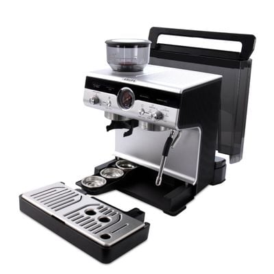 Espressor manual cu rasnita Krups Precision XP801T10, 15 bari, rezervor apa 3.5 L, 30 trepte de rasnire, 3 trepte temperatura, 3 trepte pre-infuzare, duza cappuccino & apa fierbinte, sistem Thermoblock, accesorii tip barista incluse, negru & argintiu