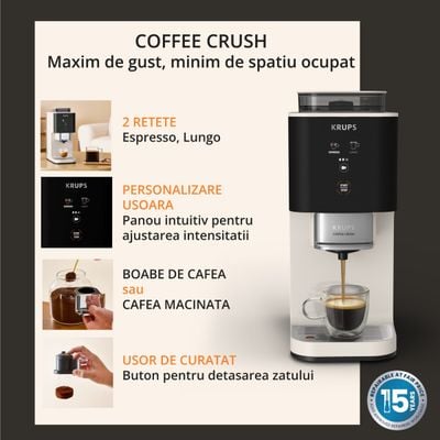 Espressor semi-automat Krups Coffee Crush SA4001E0, 1370 W, 15 bari, sistem bean-to-cup, rasnita inox, preparare one-touch, intensitate cafea ajustabila, compatibil cafea macinata, design ultra-compact, curatare usoara, negru
