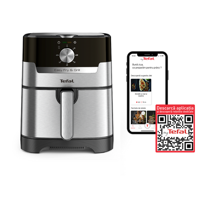 Friteuză cu aer cald EASY FRY & GRILL 2 în 1 Tefal EY501D15, 1400W, 4.2L, funcție grill cu gratar încorporat, tehnologie Extra Crisp, vas detașabil, negru/argintiu