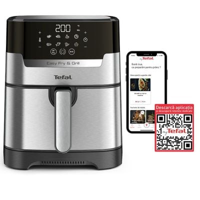 Friteuză cu aer cald Tefal Easy Fry&Grill 2in1 EY505D15, 1400W, 4.6L - Air fryer cu 8 programe, funcție grill cu grătar încorporat, funcție deshidratare, tehnologie Extra Crisp, vas detașabil, Negru/argintiu