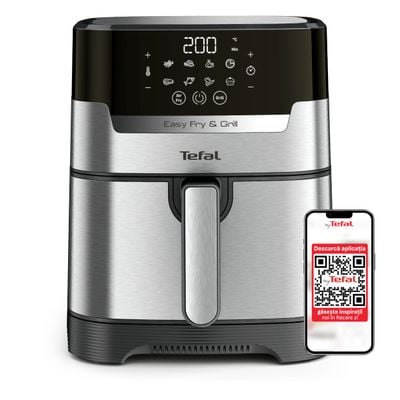Friteuză cu aer cald Tefal Easy Fry&Grill 2in1 EY505D15, 1400W, 4.2L - Air fryer cu 8 programe, funcție grill cu grătar încorporat, funcție deshidratare, tehnologie Extra Crisp, vas detașabil, Negru/argintiu