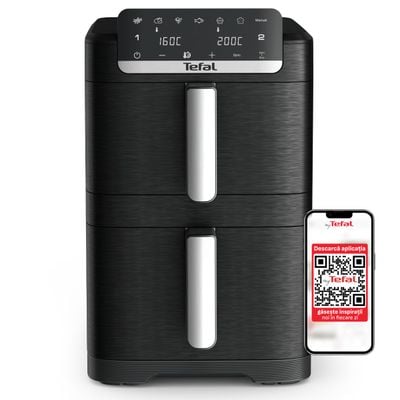 Friteuza dubla cu aer cald Tefal Easy Fry Crispy Stack EY7528E0, 2700 W, 10 L - Air fryer cu 7 programe automate, 2 compartimente, temperatura ajustabila, display digital, oprire automata, negru