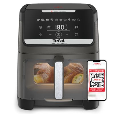 Friteuză cu aer cald Tefal Easy Fry Silence EY846HE0, 1800W, 7L - Air fryer cu 10 programe automate, ecran LCD, silențioasă, tehnologie Extra Crisp, oprire automată, gri