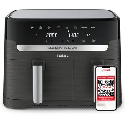 Friteuză cu aer cald dublă Dual Easy Fry&Grill Tefal EY905B10, 2700 W, capacitate 8.3 L - Air fryer cu 8 programe automate, Tehnologia ExtraCrisp, vas detasabil antiadeverent, Display LCD, gri