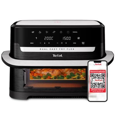 Friteuză dubla cu aer cald Tefal Dual Easy Fry Flex EY9228E0, 2700W, 9L, 7 programe, cuvă dublă, accesoriu FlexCook, oprire automată, display LCD, fereastră supraveghere, temperatură 40°C - 200°C, negru & argintiu