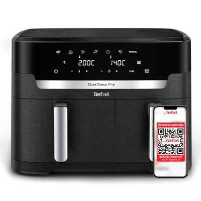 Friteuză cu aer cald dublă Tefal Dual Easy Fry XXL EY9428E0, 2700W, capacitate 11 L - Air fryer cu 7 programe automate, vase detașabile antiaderente, display LCD, temperatură reglabilă 40-220&deg;C, negru