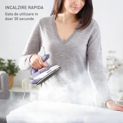 Fier de călcat cu abur portabil Tefal First Class DB1612E0, 1000 W, jet de abur 45 g/min, abur variabil 0-10 g/min, talpă Microsteam 200, mâner pliabil, alb & violet