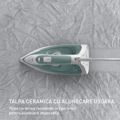 Fier de călcat cu abur Tefal Virtuo FV2C42E0, 2000W, jet abur 120g/min, abur variabil 0-27 g/min, rezervor apă 240 ml, talpă ceramică, sistem anticalcar, verde & alb