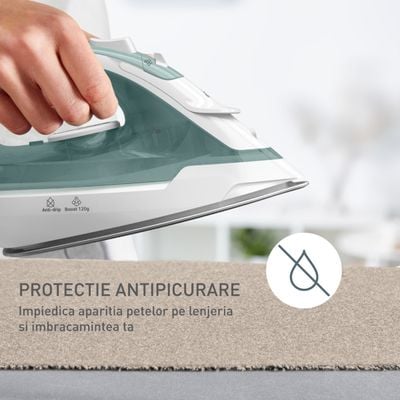 Fier de călcat cu abur Tefal Virtuo FV2C42E0, 2000W, jet abur 120g/min, abur variabil 0-27 g/min, rezervor apă 240 ml, talpă ceramică, sistem anticalcar, verde & alb