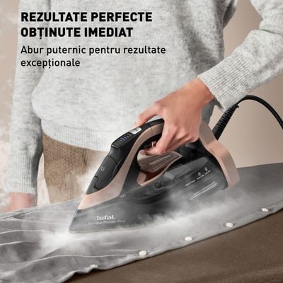 Fier de călcat cu abur Tefal Ultimate Power Pro FV9E50E0, 3200W, jet de abur 300 g/min, abur variabil 0-85 g/min, panou comanda LED, oprire automată, sistem anticalcar, negru & maro