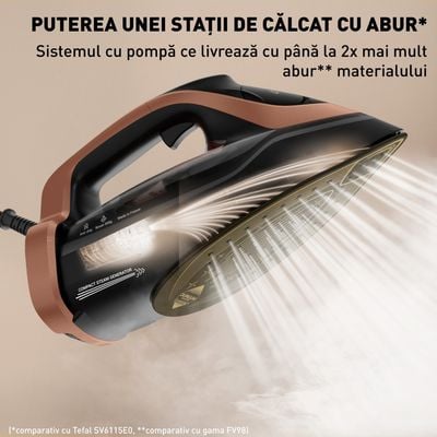 Fier de călcat cu abur Tefal Ultimate Power Pro FV9E50E0, 3200W, jet de abur 300 g/min, abur variabil 0-85 g/min, panou comanda LED, oprire automată, sistem anticalcar, negru & maro