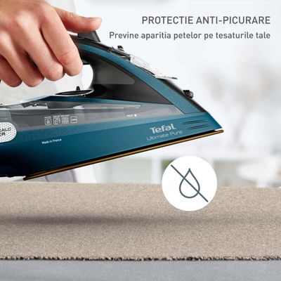 Fier de călcat cu aburi Tefal Ultimate Pure FV9851E0, 3200W, jet de abur 300 g/min, abur variabil 60 g/min, rezervor apă 350 ml, talpă Durilium AirGlide AutoClean, oprire automată, albastru & negru