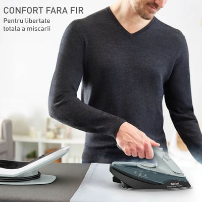 Fier de calcat fara fir Tefal Freemove Power FV6670E0, 2600W, jet abur 220 g/min, abur variabil 0 - 40 g/min, recipient apa 250 ml, sistem anticalcar, talpa ceramica, incalzire rapida in 30s, calcare verticala, verde & negru