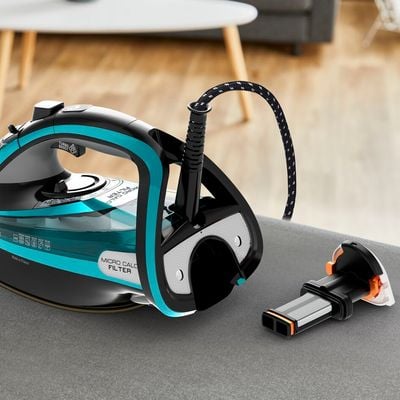 Fier de calcat Tefal FV9844E0 Ultimate Pure, 3200 W, Talpa Durilium AirGlide Autoclean, jet de aburi 250gr/min, Micro-Calc Filter 2in1, Negru/Bleu
