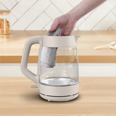 Fierbator de apa Tefal Morning KO2G0BE0, 2000 W, 1.7 L, vas din sticla cu gradatii, iluminare ambientala, filtru detasabil, functie oprire automata, baza rotativa, crem